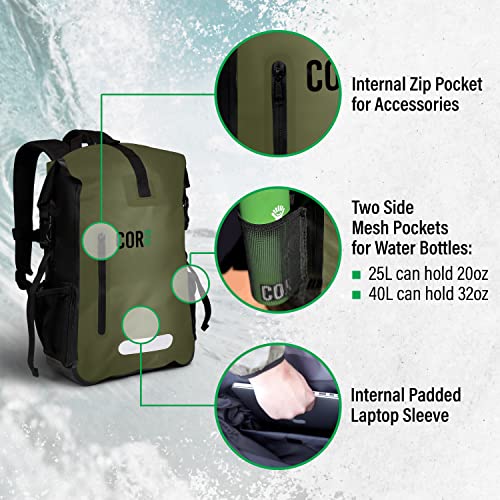 COR Surf Waterproof Dry Backpack with Padded Laptop Sleeve - 40L Green