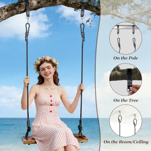 Aspelev 24x8 Carbonized Wooden Tree Swing Seat - Heavy Duty 500 lb Capacity, Adjustable Rope & Straps for Indoor & Outdoor Use