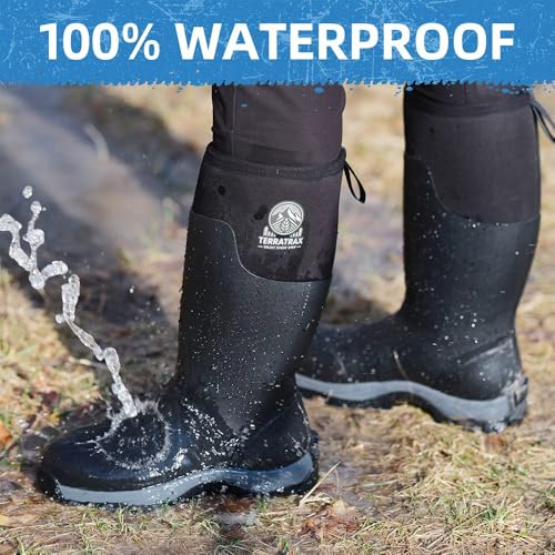 Men's Waterproof Rubber Mud Boots Black 10 TerraTrax Farm Work Concrete