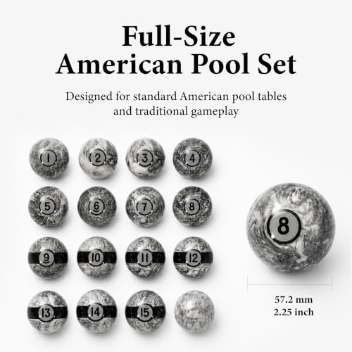 Empire USA Gray Marble Billiard Ball Set - Regulation 2.25 Inch Pool Balls with Stripes