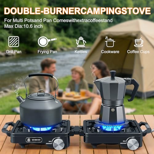 SENBOWE Black 2-Burner Camping Stove 24000 BTU Portable Propane Stove Kit