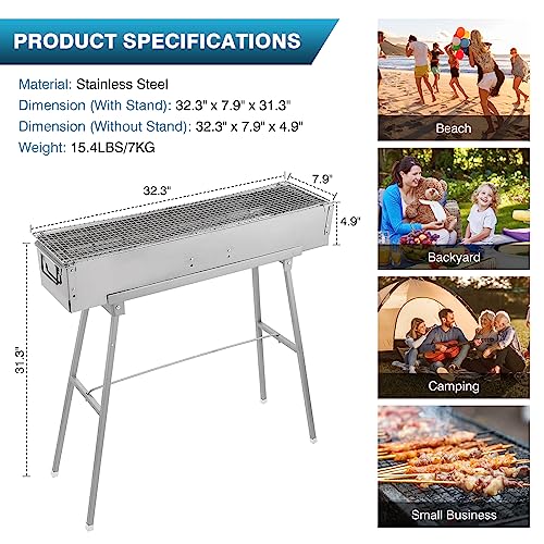 Portable Charcoal Grill with Stand - 32 Inch Outdoor BBQ, Folding Legs, Stainless Steel