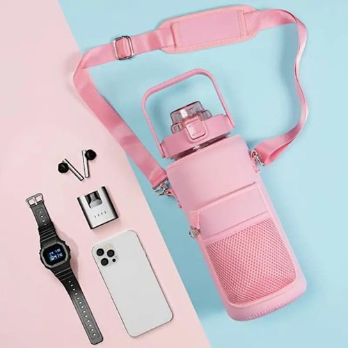 Crownnie Queen 64oz/Half Gallon Water Bottle Carrier Bag Holder with Adjustable Shoulder Strap 2 Pocket Sling Neoprene Sleeve, Crossbody Sports Accessories for Gym, Sports, Outdoor (Pink)