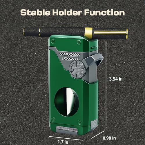 5 in 1 Butane Torch Lighter with Windproof 4-Jet Flame, Refillable, Green