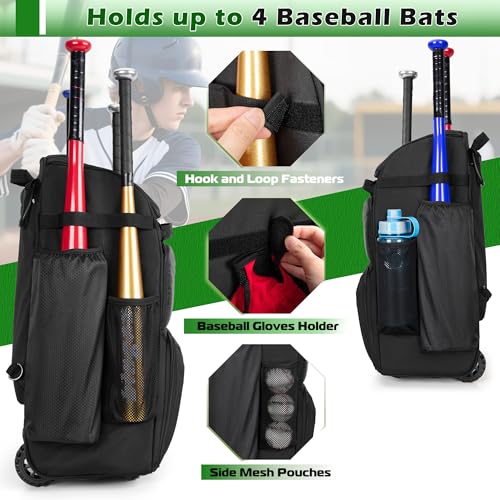 Rolling Baseball Backpack with Wheels & Multiple Compartments - Holds 4 Bats