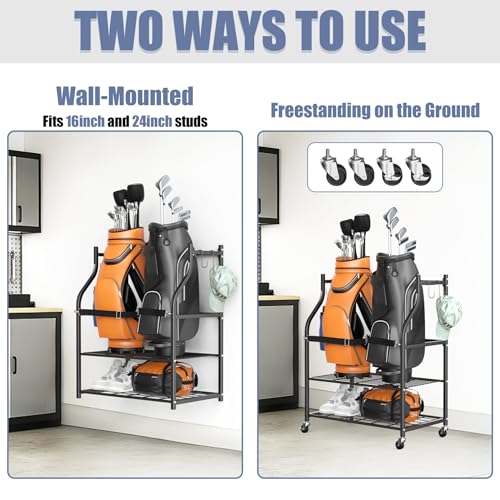 WALMANN Wall-Mounted Golf Bag Organizer with Rolling Storage Rack, Steel Frame
