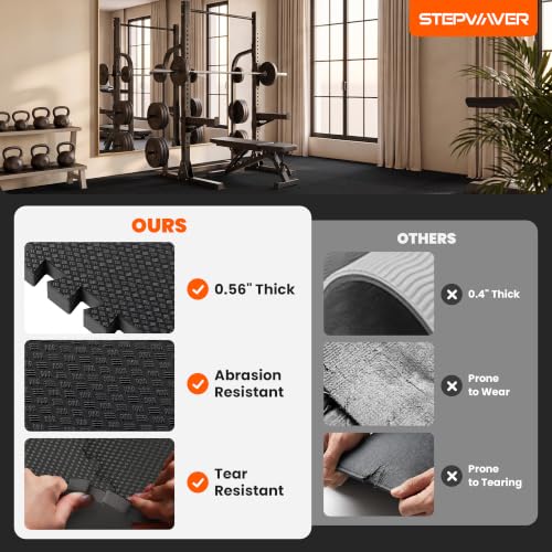 Black Stepwaver 0.56" Thick Rubber Gym Flooring Tiles - 48 Sq Ft Home Workout Mat