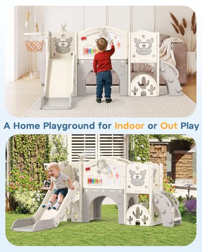 BIERUM Toddler Slide Set 13-in-1 Playground for Ages 1-3 Cream & Gray