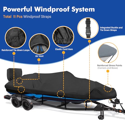 Boat Cover 14-16 ft Waterproof V-Hull Marine Grade 1200D Black - Variation: 14'-16' L x 68" Beam