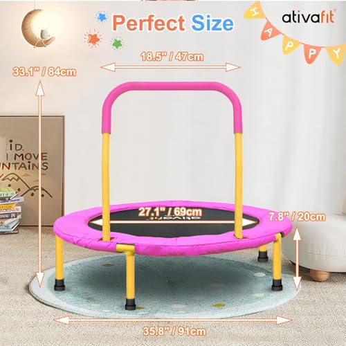 Toddler Trampoline 36 Inch with Foam Handle - Pink & Yellow, Indoor & Outdoor Safe Rebounder for Kids 2-6