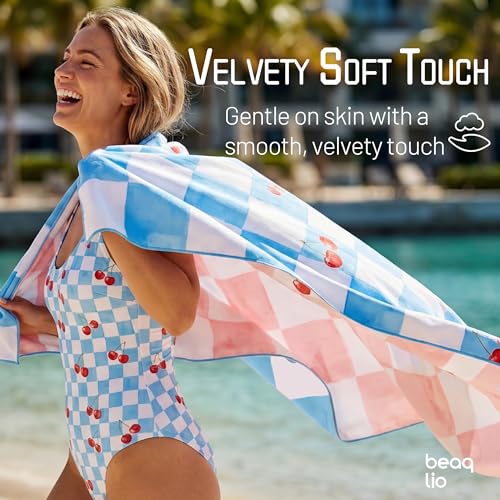 Checkered Beach Towel with Bag 71x36in Microfiber Double-Sided Pool Towel Blue Pink