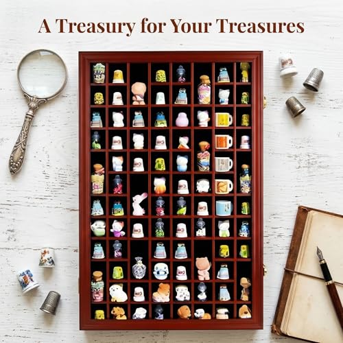 Wall-Mounted Thimble Display Case with UV Protection Door and Felt Interior - Mahogany Finish