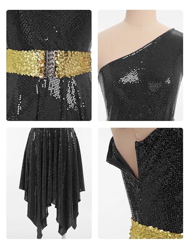 XX-Large Black Shiny Sequin One-Shoulder Dance Overlay Dress for Worship