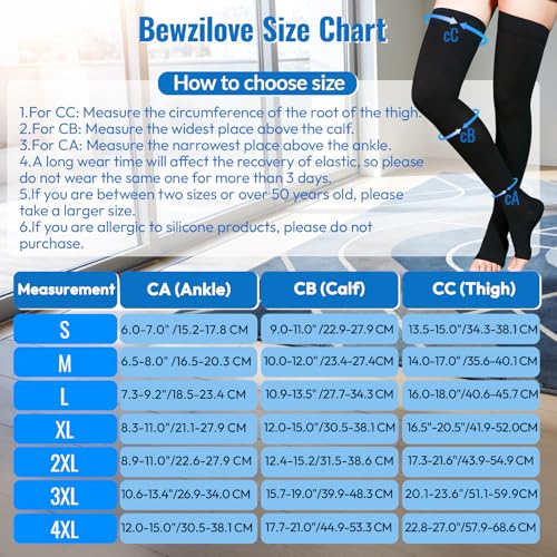 Black Large Thigh High Compression Stockings 20-30 mmHg Open Toe - Bewzilove