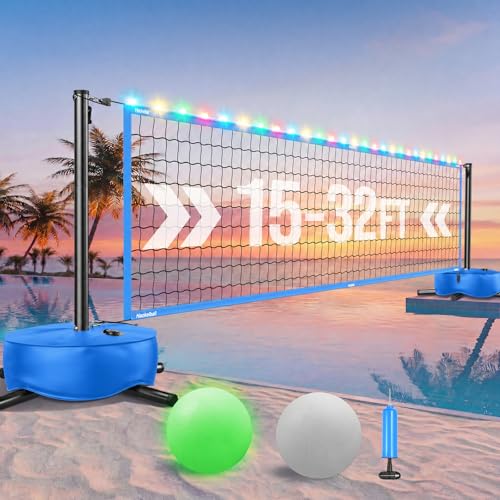 Blue LED Pool Volleyball Net Set with Glow Water Balls, Adjustable 15-32FT