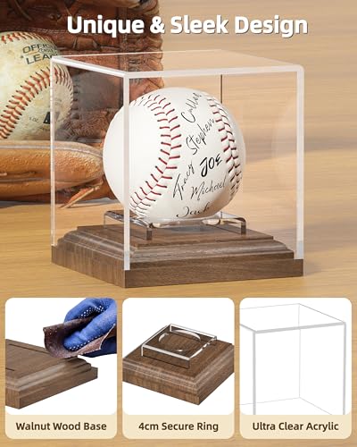 Baseball Display Case with Walnut Wood Base Acrylic Holder for Autographed Balls - Walnut Variation