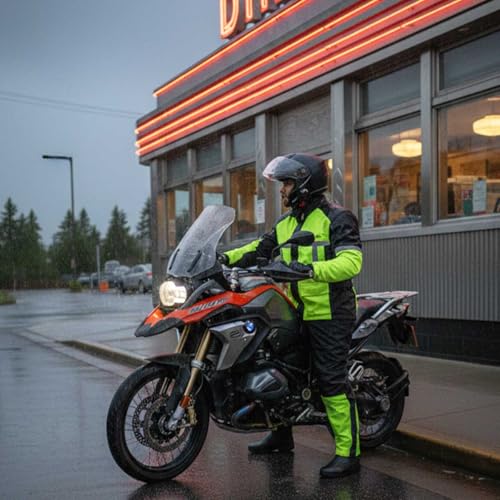 Men's Water-Resistant Motorcycle Rain Suit - Neon Green, Large with Hi Vis Reflective Tape