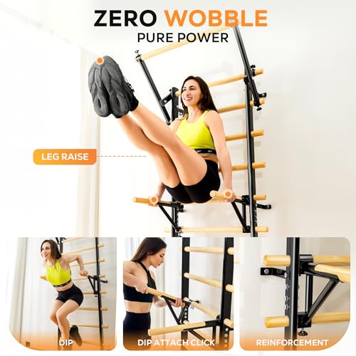 GymYard Wood Swedish Ladder Wall Mount for Home Fitness, Adjustable Pull Up & Dip Station, Solid Pine, Variation of THIS listing