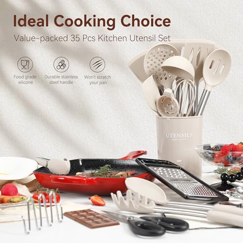 Khaki 35-Piece Silicone Cooking Utensil Set BPA Free Heat Resistant 446°F