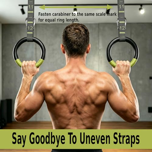 Black-Green Adjustable Gymnastic Rings with Straps, Non-Slip Pull Up Rings, 1322lbs Support