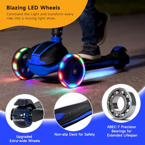 Nattork Kids Blue Scooter for Ages 3-8, 4-Height Adjustable, Light-Up 3-Wheels, Foldable, Lean-to-Steer, 120LB Capacity