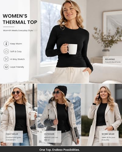 NebuKinex Women's Long Sleeve Thermal Shirt for Winter Baselayer - Medium, Black Grey Blue 5 Pack