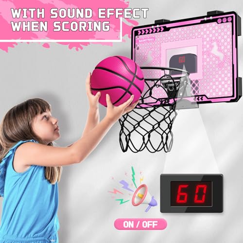 Pink Indoor Kids Basketball Hoop with Electronic Scoreboard & 3 Balls - Unicorn Gift for Girls Ages 5-12