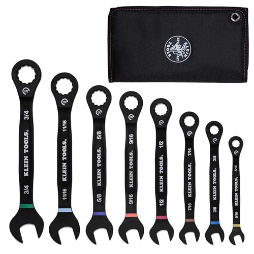Klein Tools Ratcheting Wrench Set 8-Piece SAE 90-Tooth with Color-Coded Sizes