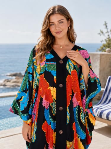 Women's V Neck Kaftan Dress Batwing Sleeve Cover Up Side Slit Swimsuit One Size Black with Colorful Leaves