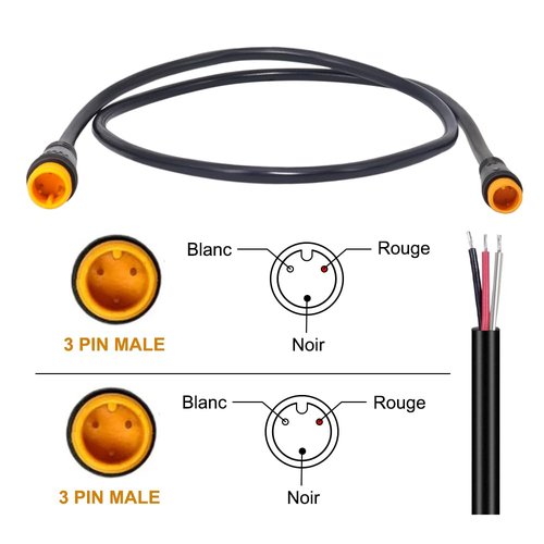 Male to Male Ebike Extension Cable for Electric Bike Display and Gear Shif Sensor, Julet 2Pin / 3Pin / 5Pin Waterproof Connector to Expand Ebike Light and Twist Throttle (3 Pin Male to Male Yellow)