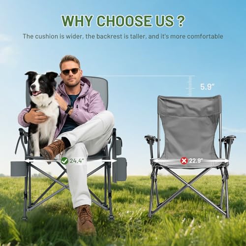Timber Ridge Grey Oversized Folding Camping Chair with Lumbar Support, Cooler & Cup Holder