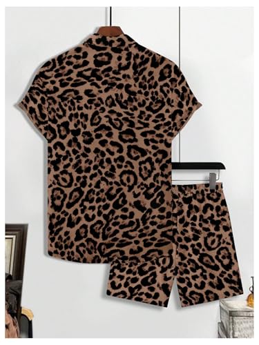 Men's Leopard Print Outfits Set - Button Down Shirt & Drawstring Shorts, Large Multicolor