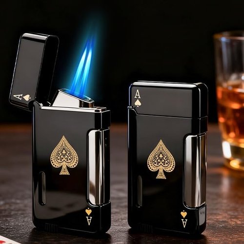 2 Pack Torch Lighter, Classic Pocket Ace Lighters with Gift Box for Men, Visible Window, Adjustable Dual Jet Torch, Refillable Butane Lighters for Travel, Outdoors(Without Butane)