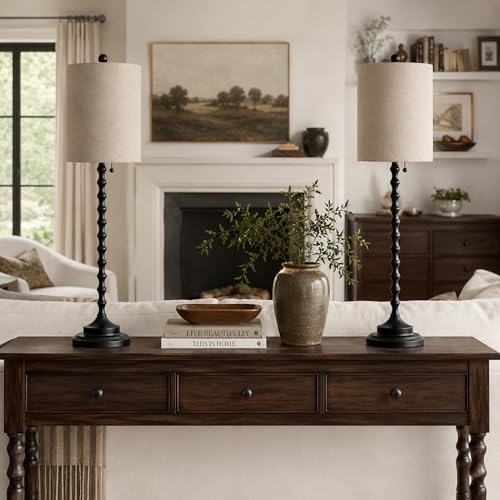 Lampworks Black Buffet Lamps Set of 2, 30-Inch Tall Table Lamps with Linen Shades & Pull Chain Switch