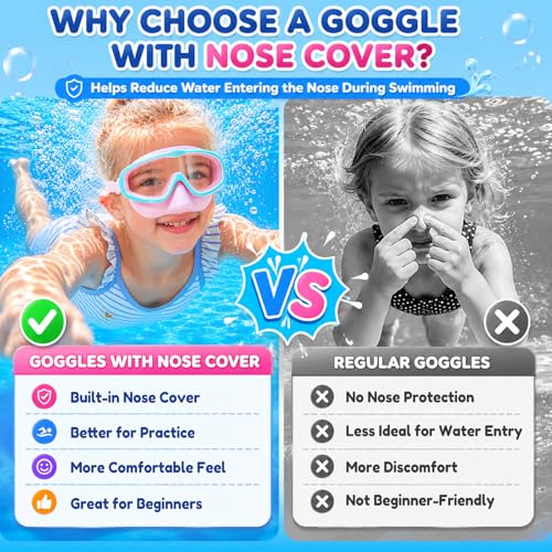 Kids Swim Goggles with Nose Cover 2 Pack - Anti-Fog Clear View, Pink Green & Pink Purple