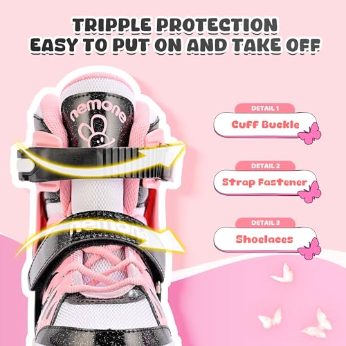 Girls Adjustable Light Up Inline Skates with Flashing Wheels - Midnight Butterfly, Medium