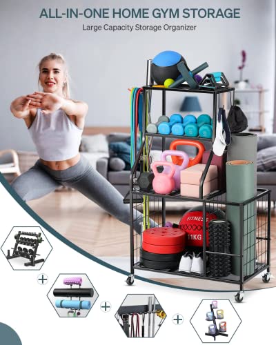 Black Mesh Gym Storage Rack for Dumbbells & Yoga Mats - Home Workout Organizer