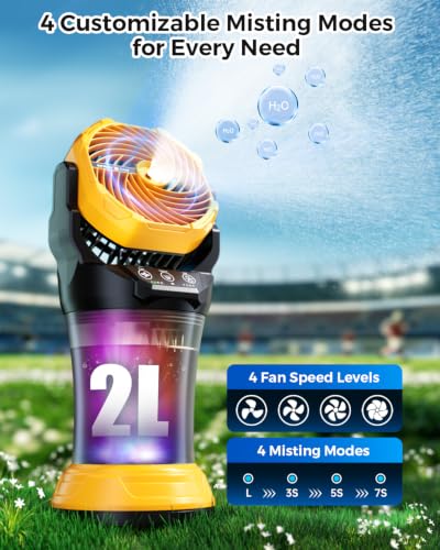 Ocikry Yellow Portable Outdoor Misting Fan with Remote & 2L Tank, 4 Mist Modes, 30000mAh Battery