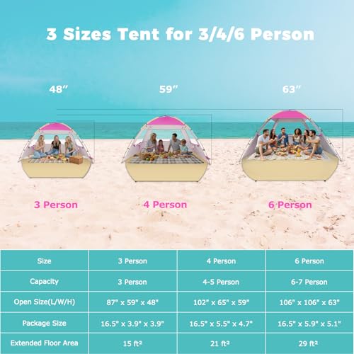 Venustas Pink Beach Tent Sun Shelter for 6 Persons UPF 50+ UV Protection Lightweight & Easy Setup