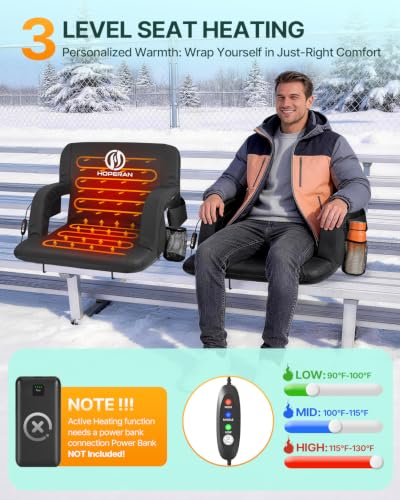 23-Inch Heated Stadium Seat with Back Support, Black | USB Power & Adjustable Tilt