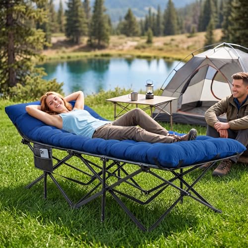 Folding Camping Cot for Adults with Mattress - Navy, Oversized 78x32x18