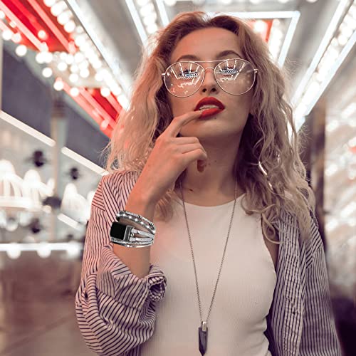 Leather Bands Compatible with Fitbit Charge 5/6 Silver Multilayer Wrap Bracelet for Women
