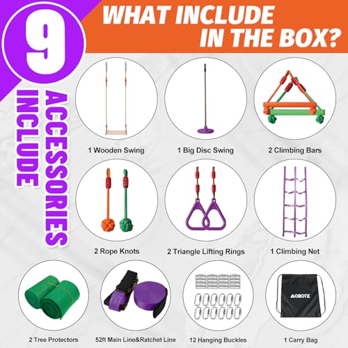 Kids Ninja Warrior Obstacle Course Slackline Set - 52ft with 9 Accessories, Purple