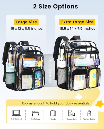 Large Transparent Backpack for Girls & Boys - Clear Bookbag with 10 Pockets, Black