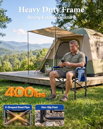 Heavy Duty Camping Folding Chair with Side Table 400lbs Support - Blue