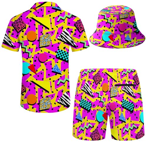 X-Large Mens Hawaiian Shirt and Shorts Set 80s 90s Retro Outfit with Bucket Hat