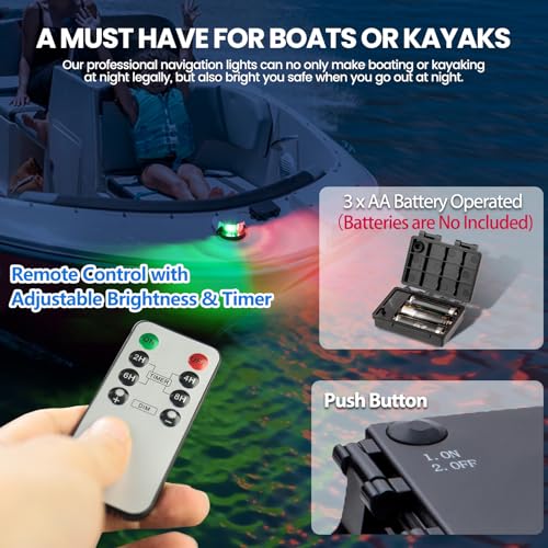 Boat Navigation Light with Red/Green LEDs, Dimmable & Timer, Waterproof Marine Safety Light