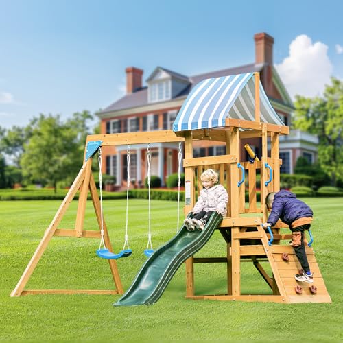 ROBOTIME Wooden Kids Swing Set Backyard Playset Ages 3-10 with Slide & Climbing Rope