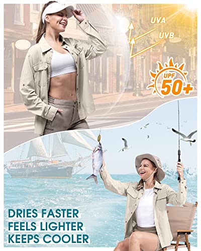 Women's UPF 50 Sun Protection Shirt Long Sleeve Outdoor Fishing Hiking Safari - Medium Light Khaki