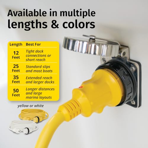 Marine Shore Power Cordset 30A 125V 50ft Yellow Waterproof Marine Grade Cable with Locking System - Marinco Variation
